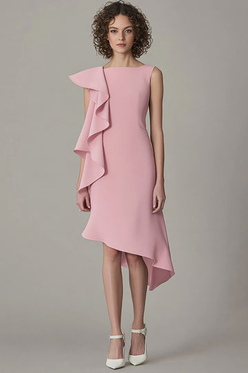 Pink Sheath Bateau Neck Ruffled Midi Work Dress